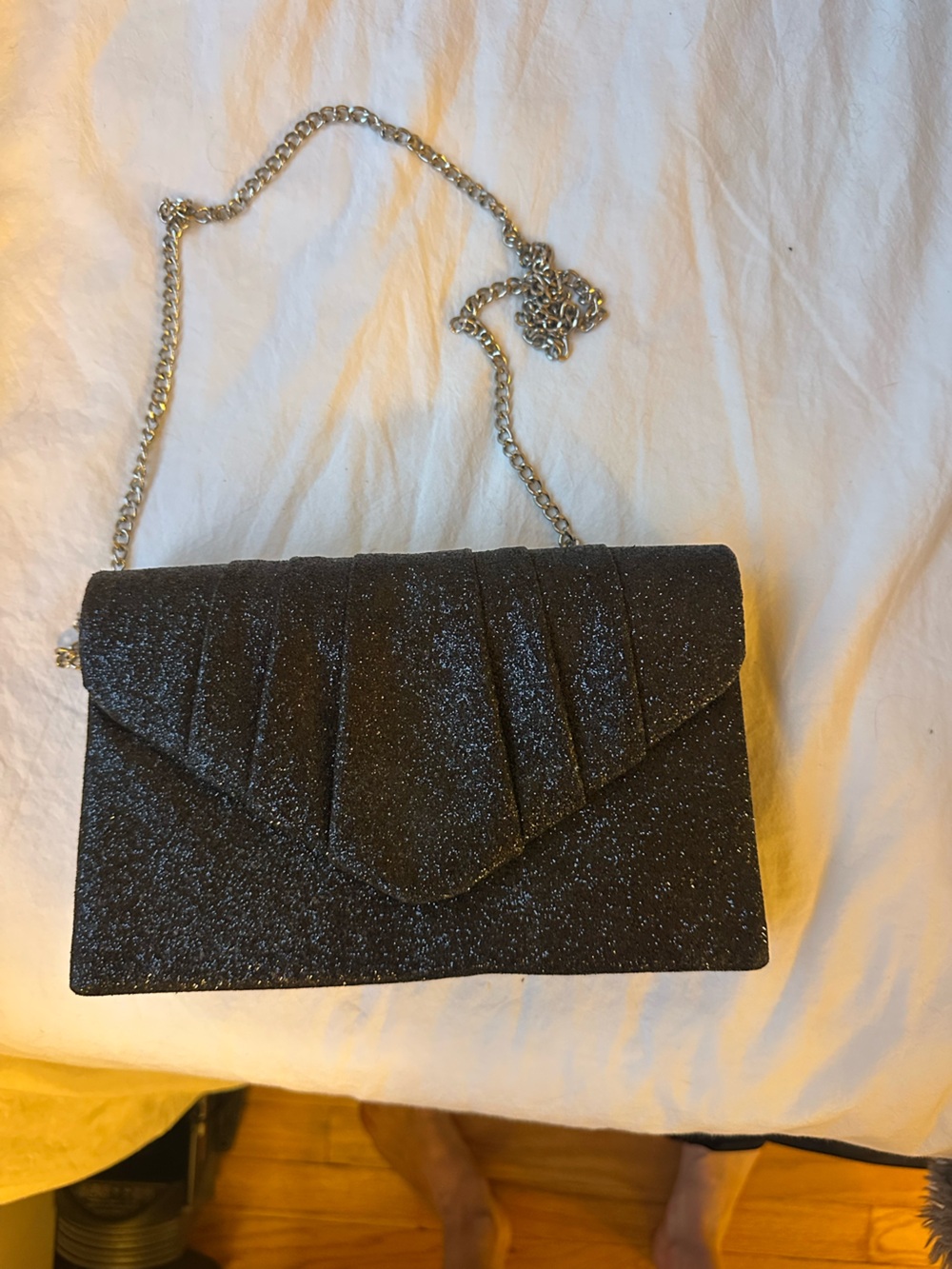 Black Glitter Envelope Crossbody Bag with Chain Strap